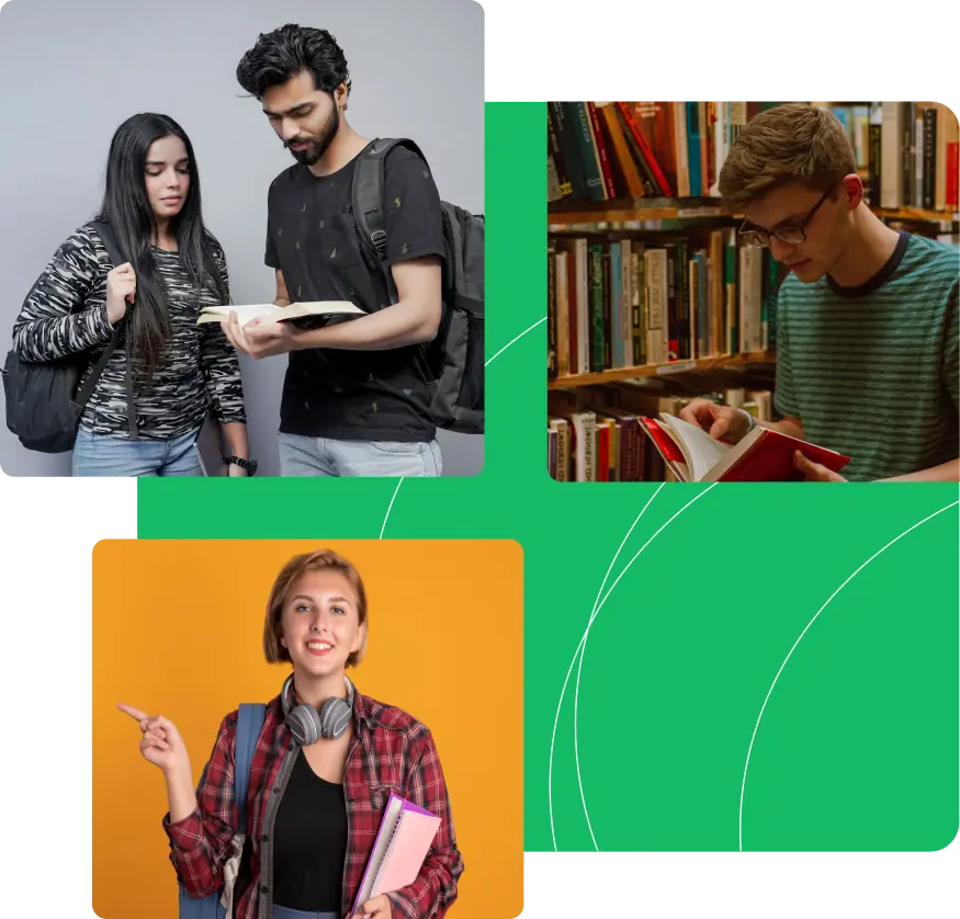 Students studying together, reading in a library, and heading to class